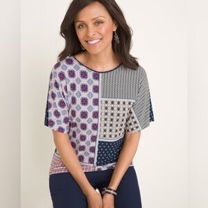 Chico’s Patchwork Short Sleeve Tee Stretch Knit Navy, Burgundy, White
